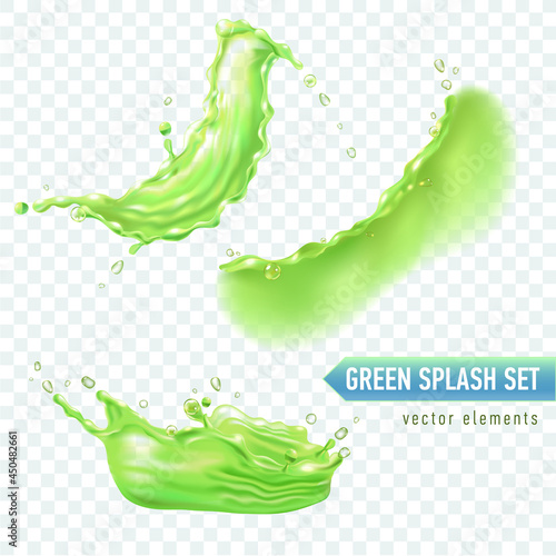 Set of realistic green splashes for design of grape or green tea package and ads. Transparent background. Vector