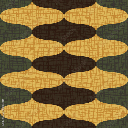 Ogee abstract vector seamless pattern background with retro onion shapes. Elegant geometric backdrop ochre, black, green with linen burlap blend texture. Bold symmetrical retro style repeat