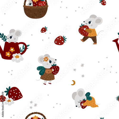 Festive background for kids with cute mouse on garden. Seamless pattern with baby animals. Background with mice for childish textile, clothing, wrapping paper. Print for children