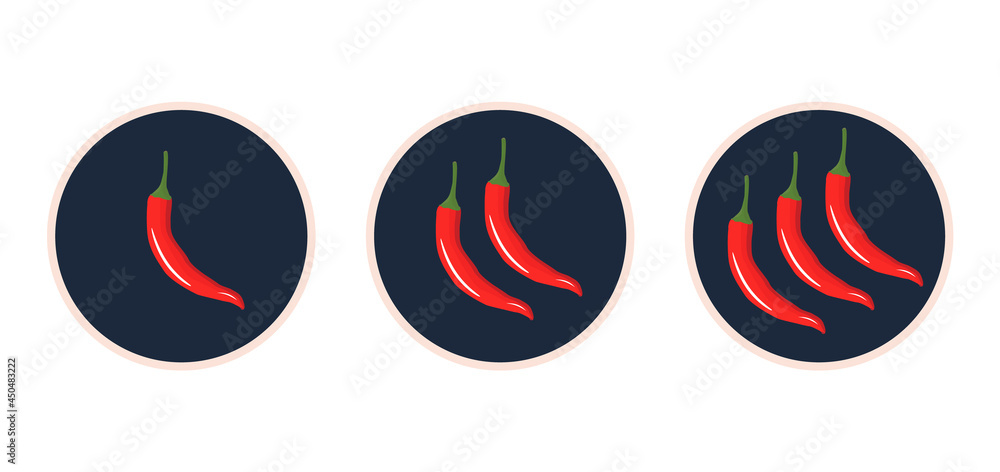 Spicy level. Chili pepper. Sticker, decal or label. Asian and Mexican fast food with red sauce or ketchup. Scale, the level of saturation of the pepper. Extra, soft, hot, medium. Vector illustration. Spicy level. Chili pepper. Sticker, decal or label. Asian and Mexican fast food with red sauce or ketchup. Scale, the level of saturation of the pepper. Extra, soft, hot, medium. Vector illustration.