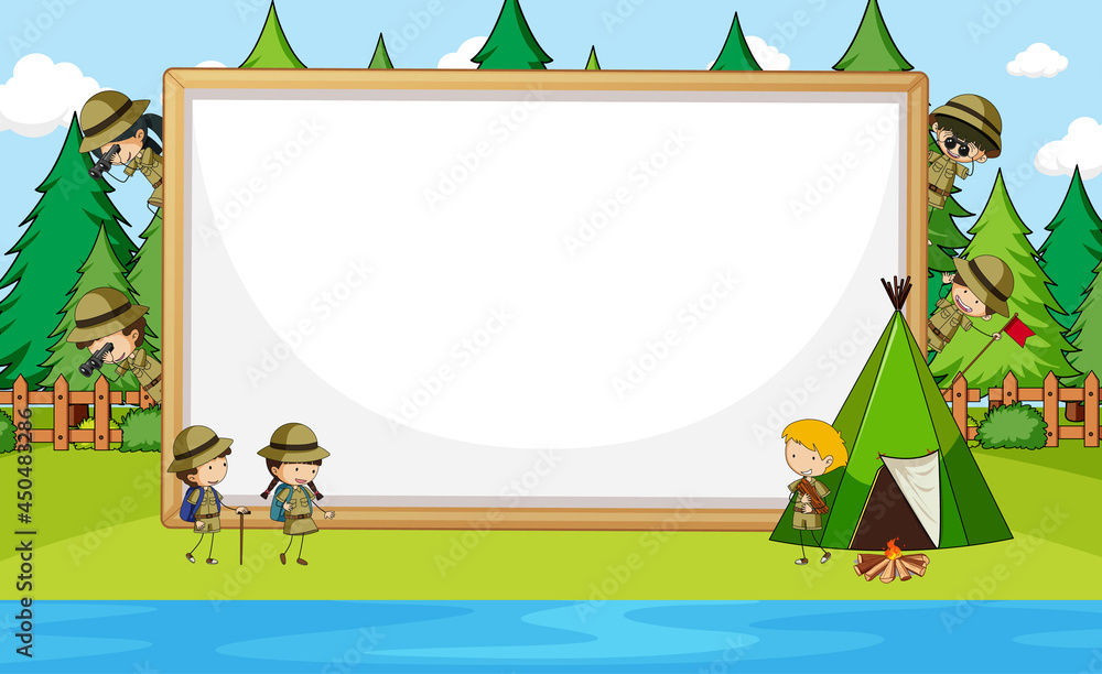 Fototapeta premium Empty banner with many kids in scout theme