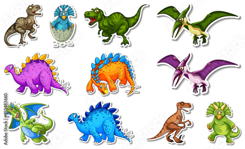 Sticker set with different types of dinosaurs cartoon characters