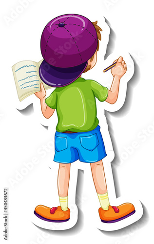 Sticker template with behind of a boy cartoon character isolated