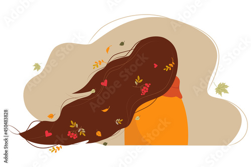 A girl with autumn leaves in developing long hair stands with her back. Vector illustration. Autumn character in flat style for autumn design, decor, posters, print, autumn postcard and advertising