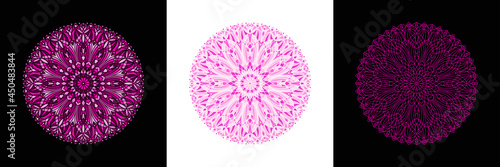 Ornamental round illustration, mandala, patterned circle shape. Stained glass vector radial ornament, pink background.  Linear editable shape. Graphic design element, mosaic decoration, text frame.