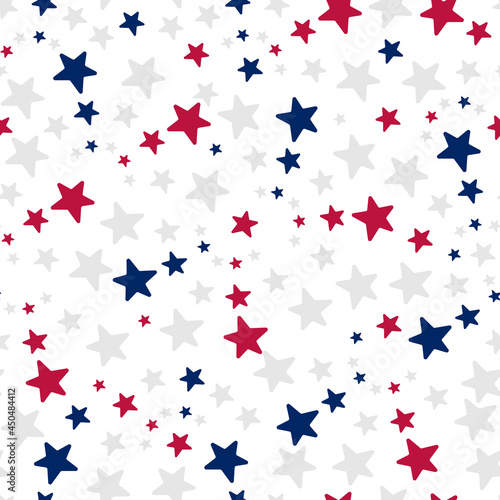 Stars. Repeating vector pattern. Isolated colorless background. Flat style. Seamless ornament in the colors of the USA flag. Delicate background. Idea for web design  packaging  wallpaper  covers