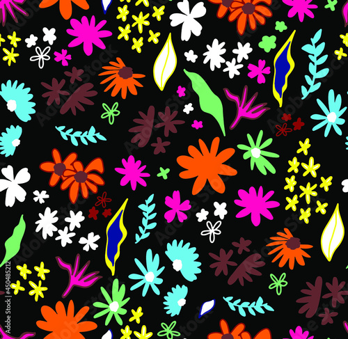 Abstract Hand Drawing Ditsy Flowers Leaves and Branches Seamless Vector Pattern Isolated Background