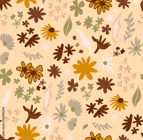 Abstract Hand Drawing Ditsy Flowers Leaves and Branches Seamless Vector Pattern Isolated Background