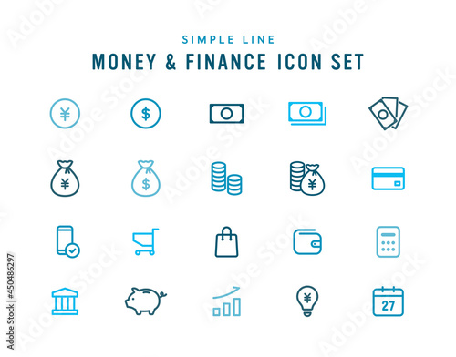 お金や金融のアイコンセット　ビジネス　シンプル　通貨　現金　貨幣　紙幣　札　コイン　銀行　貯金