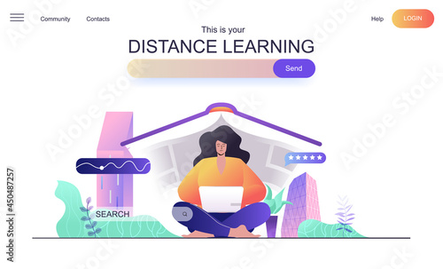 Distance learning web concept for landing page. Woman studying online, learning using laptop, lectures and lessons on internet banner template. Vector illustration for web page in flat cartoon design
