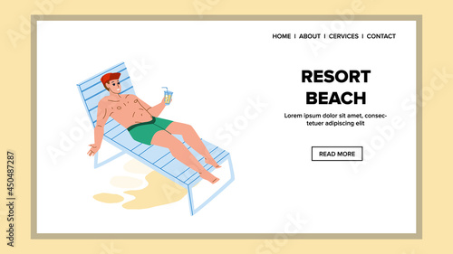 Resort Beach Seashore Relaxing Young Man Vector. Young Boy Enjoying Sunbathe On Lounger Chair And Drinking Exotic Cocktail On Resort Beach. Character Summer Vacation Web Flat Cartoon Illustration