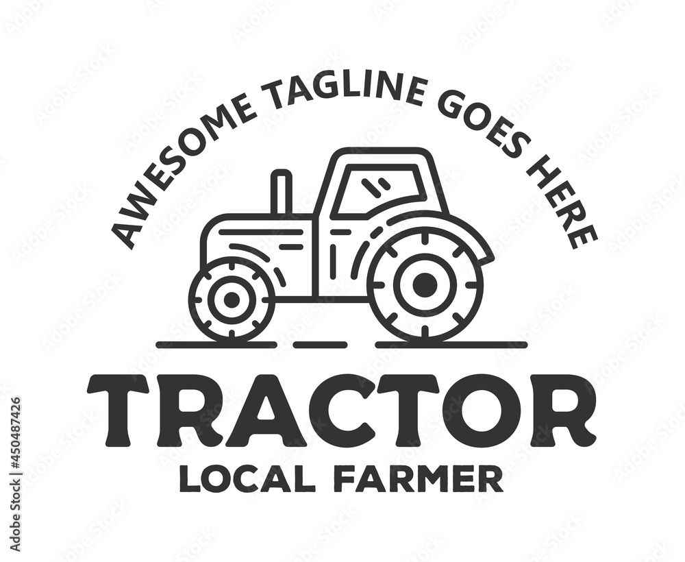 vector logotype for local farm with handdrawn sketch of tractor isolated in white background. vintage logo illustration