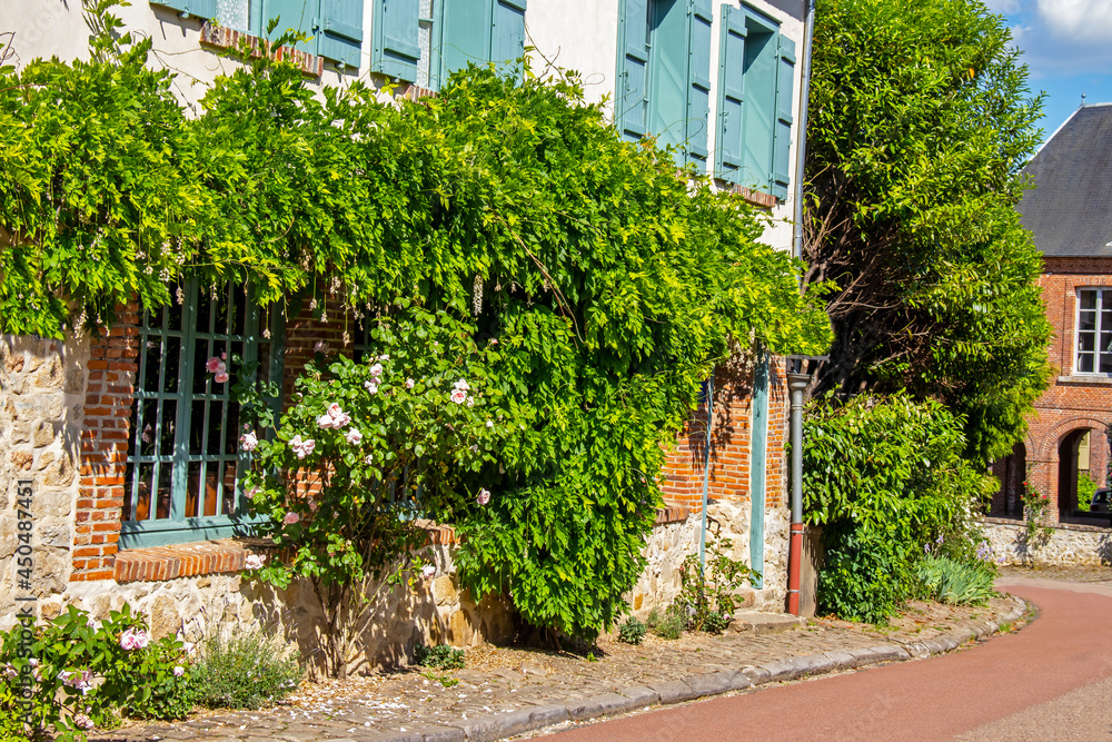 Gerberoy, Façade de maison couverte de roses dans la rue principale du village. Oise. Picardie. Hauts-de-France	