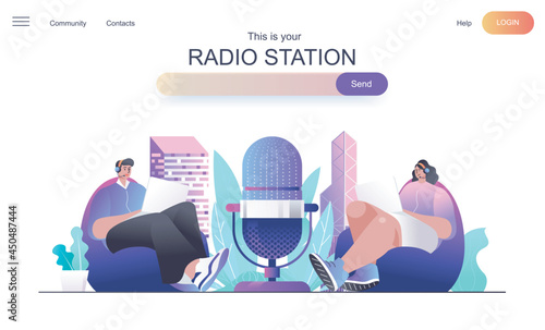 Radio station web concept for landing page. Presenters on radio program speak to microphone, man and woman DJ broadcasting banner template. Vector illustration for web page in flat cartoon design