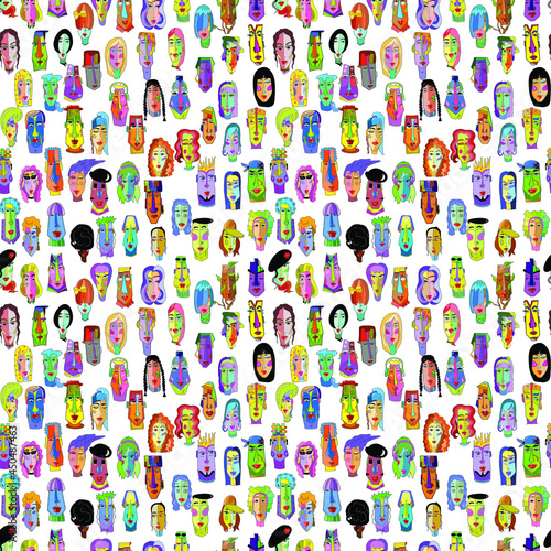 Large pattern of human faces. Cartoons of people. Funny men and women