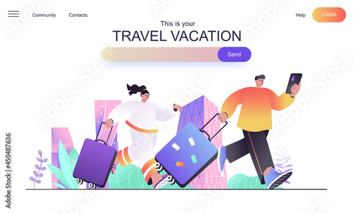 Travel vacation web concept for landing page. Man and woman trip together, couple with luggage hurrying flight, world tourism banner template. Vector illustration for web page in flat cartoon design