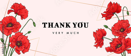 Horizontal thank you card with red poppies and abstract golden lines. Floral background. Vector illustration