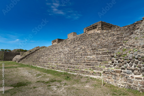 View of the ancient ruins of the Monte Albán pyramid complex in Oaxaca, Mexico photo