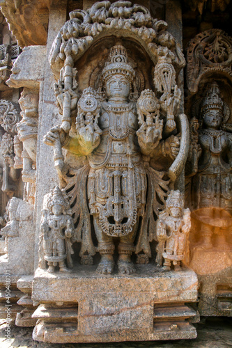 Highly detailed intrinsic carvings of 800 year old hindu temple at Somnathpur, Karnataka, India.  Temple dedicated to Lord Vishnu was built by the Hoysala Dynasty.