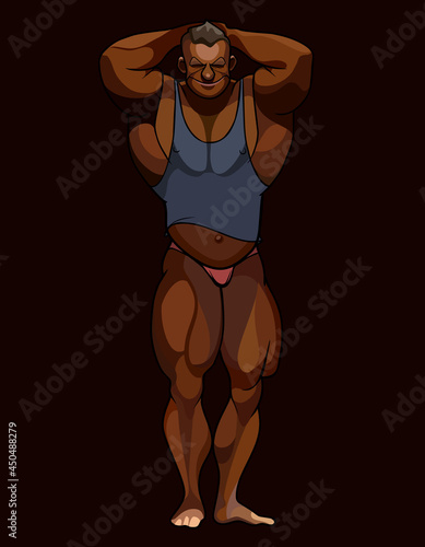 cartoon muscular bodybuilder posing with his hands behind his head