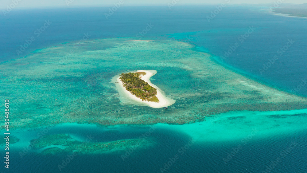 Tropical island on an atoll with beautiful sandy beach by coral reef from above. Canimeran Island and coral reef. Summer and travel vacation concept.