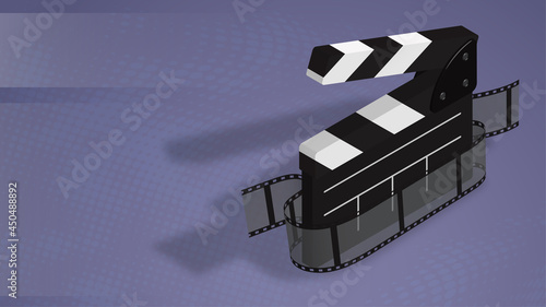 horizontal banner poster with clapperboard and film tape on abstract blue background. Background for premiere of film. Realistic 3d vector