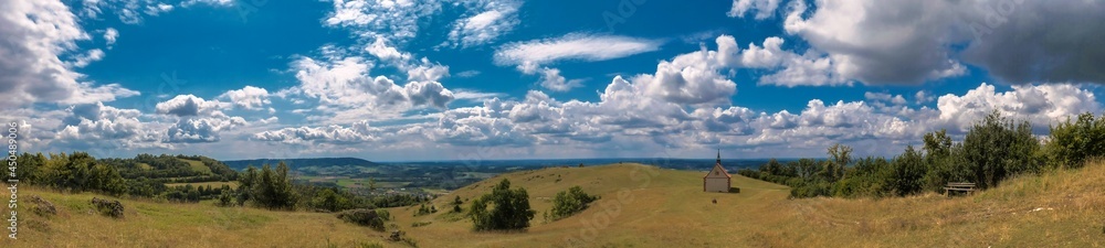Panorama of the landscape with chapel on the Walberla in Franconian Switzerland; Panorama der Landschaft mit Kapelle auf dem Walberla in der fränkischen Schweiz Panorama of the landscape with chapel on the Walberla in Franconian Switzerland; Panorama der Landschaft mit Kapelle auf dem Walberla in der fränkischen Schweiz