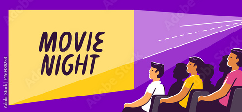 People watching movie at cinema hall. Film screening vector flat illustration