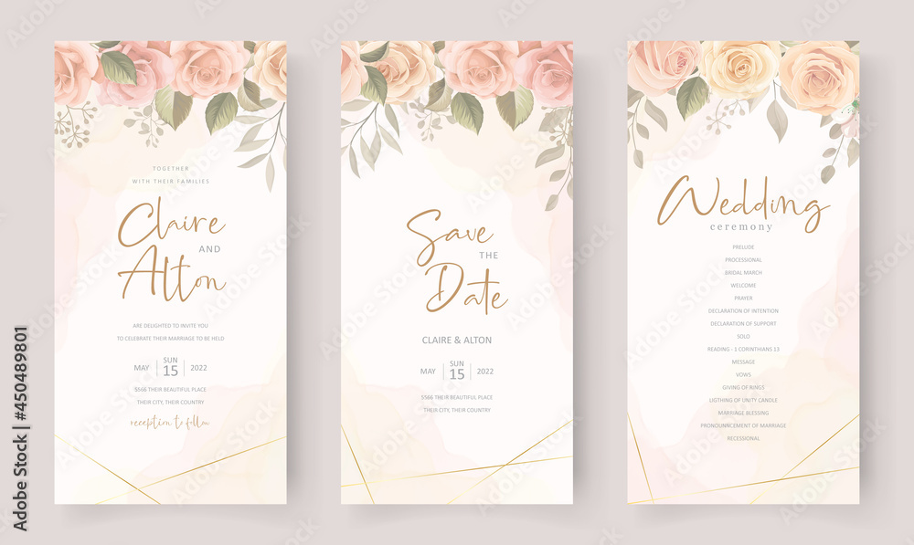 Wedding invitation card design with beautiful flower and leaf ornaments Wedding invitation card design with beautiful flower and leaf ornaments