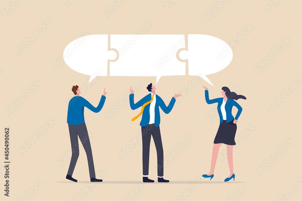Compromise to get solution in business meeting, leadership to communicate and connect ideas in brainstorm session concept, smart business people team with connected jigsaw puzzle speech bubble. - obrazy, fototapety, plakaty 
