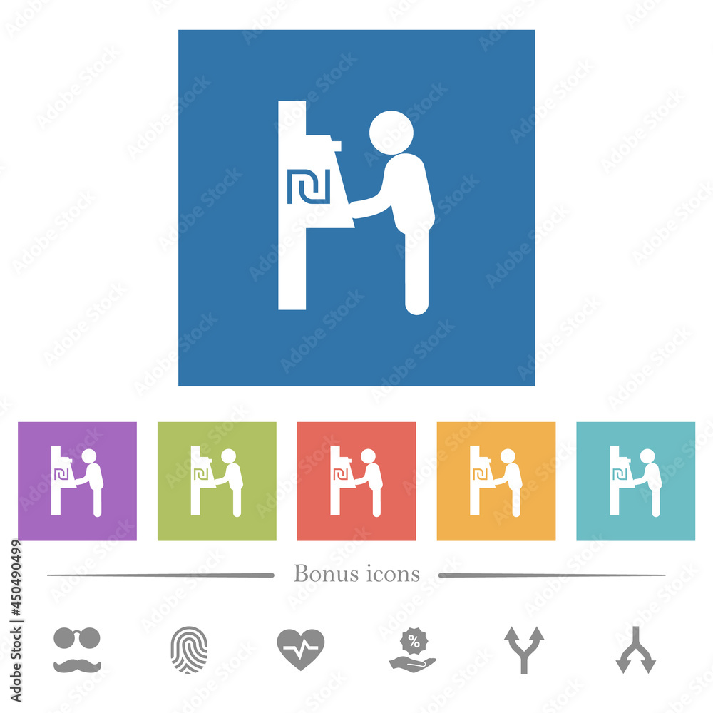 New Shekel cash machine flat white icons in square backgrounds New Shekel cash machine flat white icons in square backgrounds