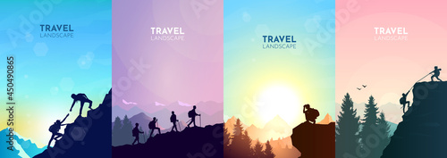 A man watches nature, climbing to the top, friends going hike, teamwork, support of friends. Landscapes set. Travel concept of discovering, exploring, observing nature. Hiking. Adventure tourism.
