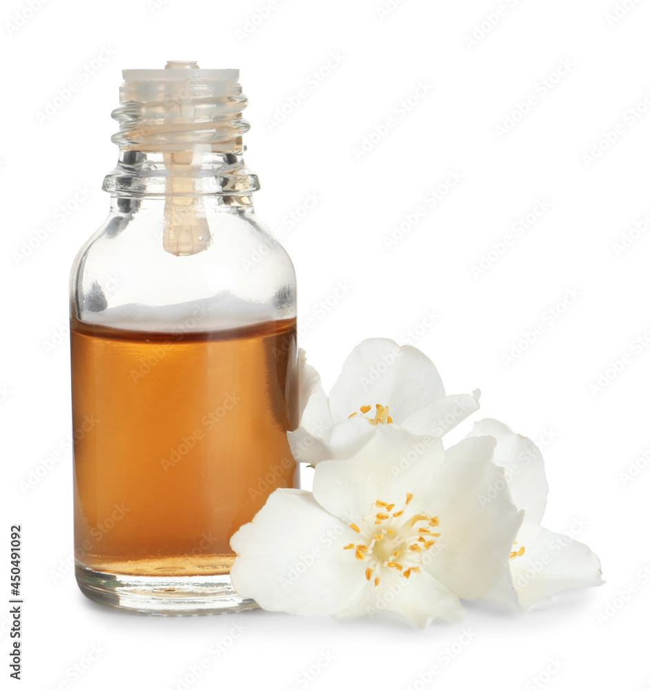 Jasmine essential oil and fresh flowers on white background Jasmine essential oil and fresh flowers on white background