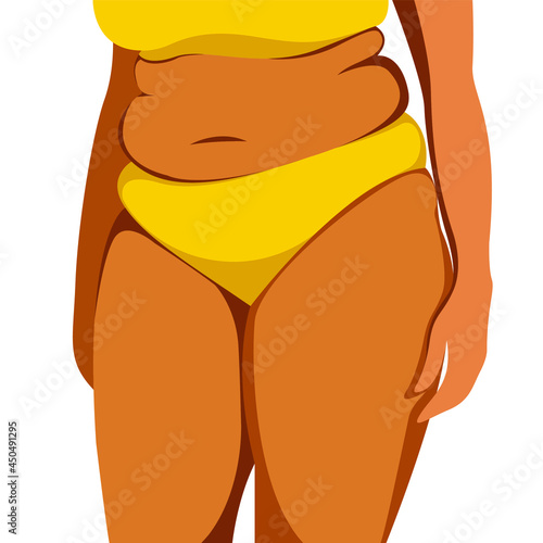 vector bright illustration on the theme of body positive. a young juicy plump girl is not shy about her fat folds on her stomach. isolated on white background. love and accept your body. love yourself