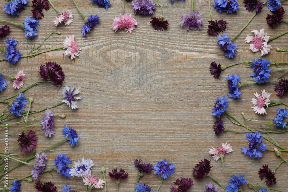 Fototapeta premium Frame of beautiful colorful cornflowers on wooden background, flat lay. Space for text