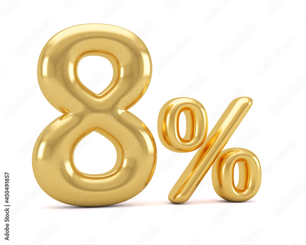 Gold eight percent isolated on white background. 8% discount on sale. 3d rendering. Gold eight percent isolated on white background. 8% discount on sale. 3d rendering.