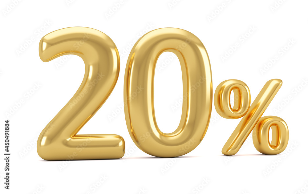 Gold percent isolated on white background. 20% off on sale. 3d rendering. Gold percent isolated on white background. 20% off on sale. 3d rendering.