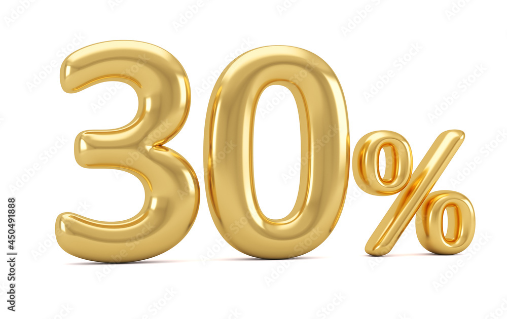 Gold percent isolated on white background. 30% off on sale. 3d rendering. Gold percent isolated on white background. 30% off on sale. 3d rendering.