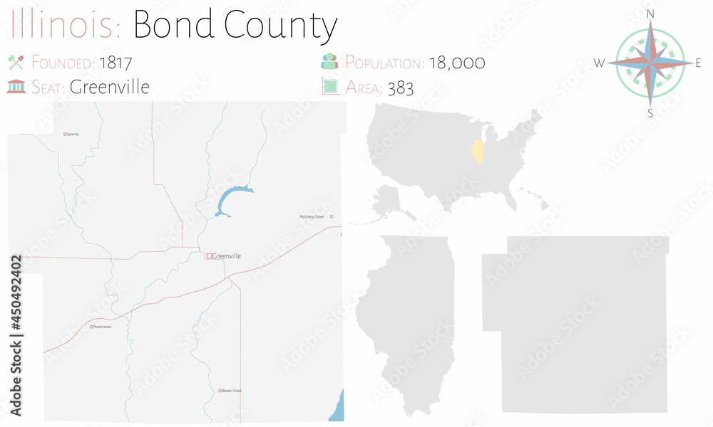 Obraz premium Large and detailed map of Bond county in Illinois, USA.