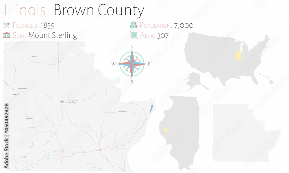 Large and detailed map of Brown county in Illinois, USA.