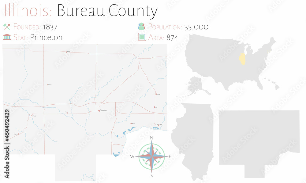 Large and detailed map of Bureau county in Illinois, USA.