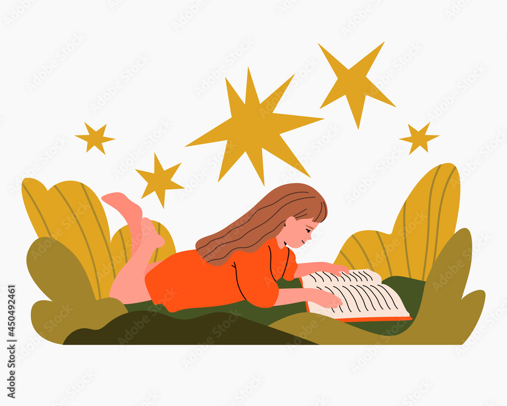 Girl reading book. Creative imagination concept, fairy tale. Vector illustration in cartoon flat style.
