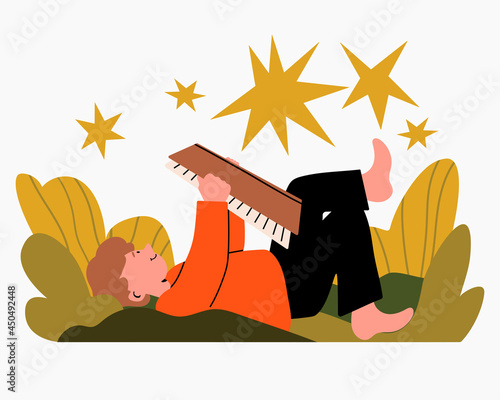 Boy reading book. Creative imagination concept, fairy tale. Vector illustration in cartoon flat style.