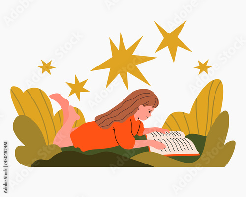 Girl reading book. Creative imagination concept, fairy tale. Vector illustration in cartoon flat style.