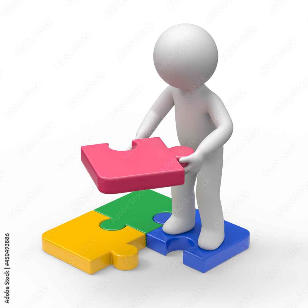 3d man is holding the last puzzle piece of a circular puzzle 3d man is holding the last puzzle piece of a circular puzzle