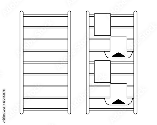 Clothes drying rack. Stand for dryer clothes. Isolated vector illustration on empty background. Black and white drawing.