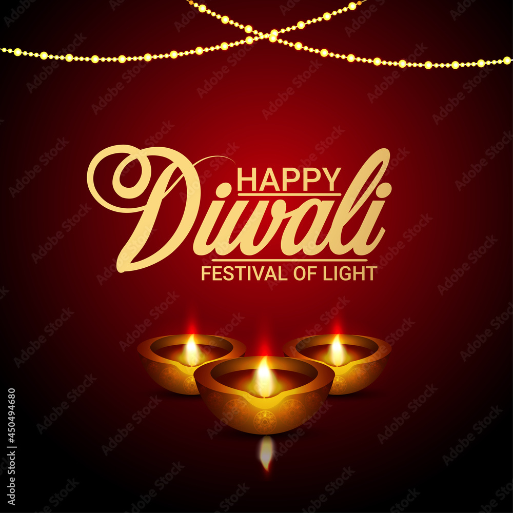 Happy diwali indian festival celebration greeting card with vector illustration of diwali diya