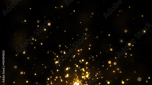 Background with gold glitter particles, bokeh. Shining golden confetti with magic light, glamour, holiday. Beautiful christmas background. Glow light effect
