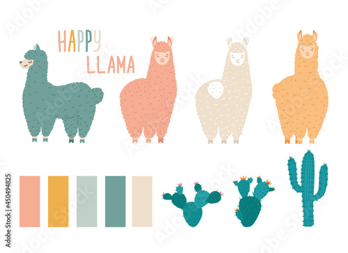 Cute llamas in different poses. Funny hand drawn characters of llamas and cacti. Vector illustration in cartoon style. Design for postcards, children's clothing, textiles, stationery, nursery.