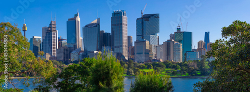 Panorama view of Sydney Harbour and CBD commercial and residential buildings  hotels and officer towers on the foreshore in NSW Australia